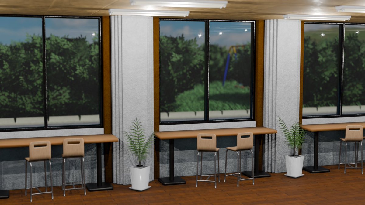 TyPno3D's tweet photo. 今週のCG！
モダンスタイルのカフェをイメージして作りました！
地味にちらっと過去作のブランコが映ってたり…

#blender #b3d  #3DCG https://t.co/OhZqEfOdOX