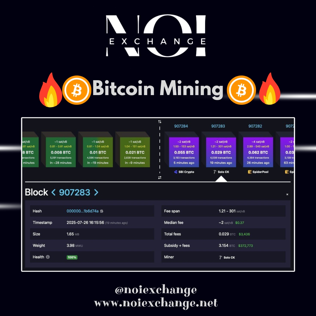 ⚡A solo miner has just mined Bitcoin block 907283, earning a 3.154 $BTC reward worth ~$372K!
Massive win for the individual miner.

🚀Join NOI Exchange to secure your crypto assets.
 
#Bitcoin #BTC #Crypto #Mining #Blockchain