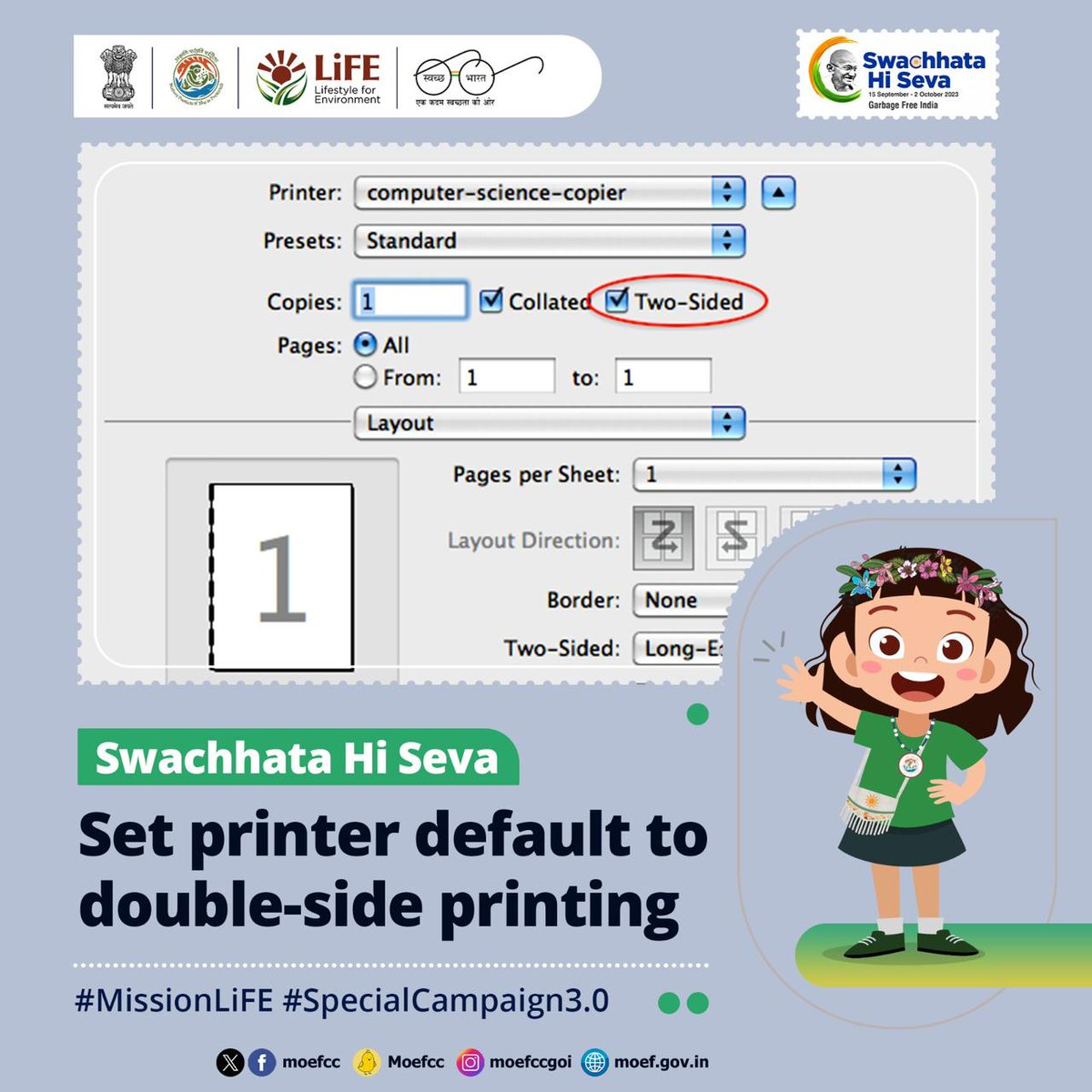NWRailways's tweet image. Swachhata Hi Seva
Set printer default to double-side printing
#SpecialCampaign3 #ChooseLiFE #MissionLiFE @moefcc