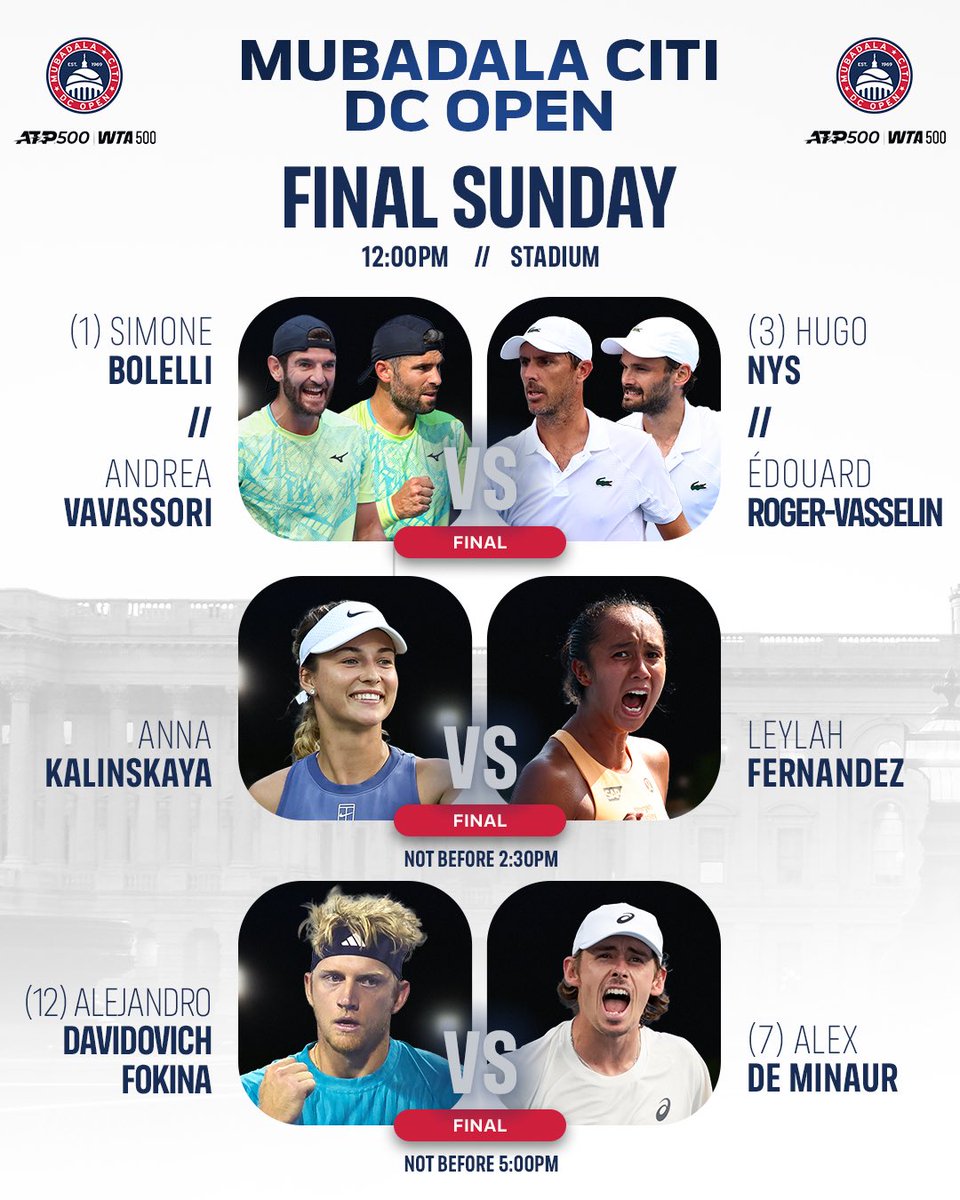 Championship Sunday 🏆 

Play begins at noon with the men’s doubles final, followed by Kalinskaya vs Fernandez and Davidovich Fokina vs De Minaur!

#MubadalaCitiDCOpen