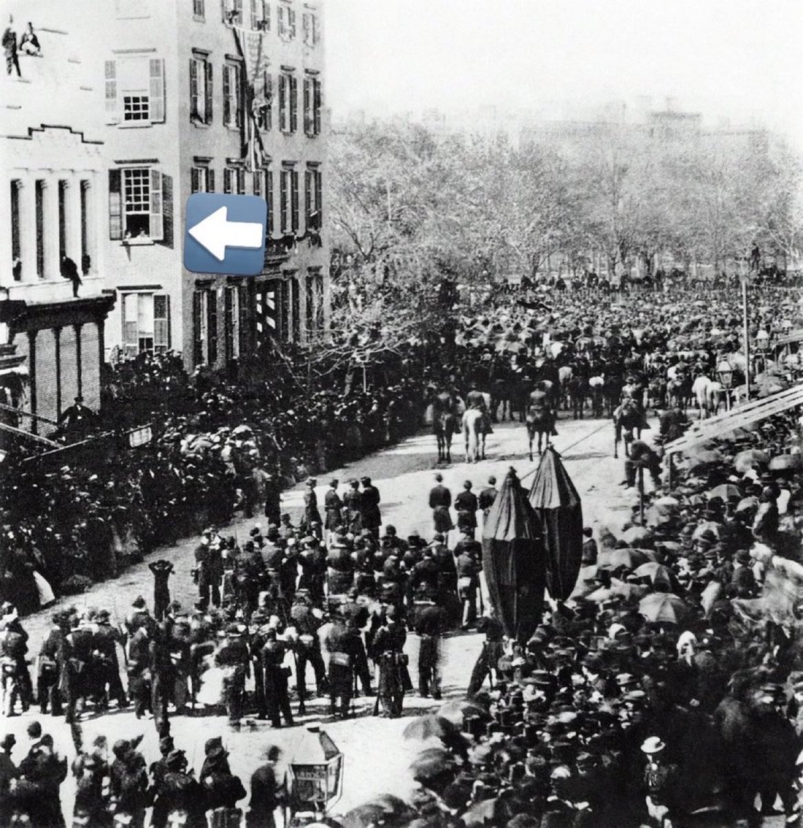 Theodore Roosevelt and his little brother, Elliot, watching Lincoln's funeral procession from the second-floor window of their grandfather's mansion (at top left, facing the camera), Manhattan, April 25, 1865