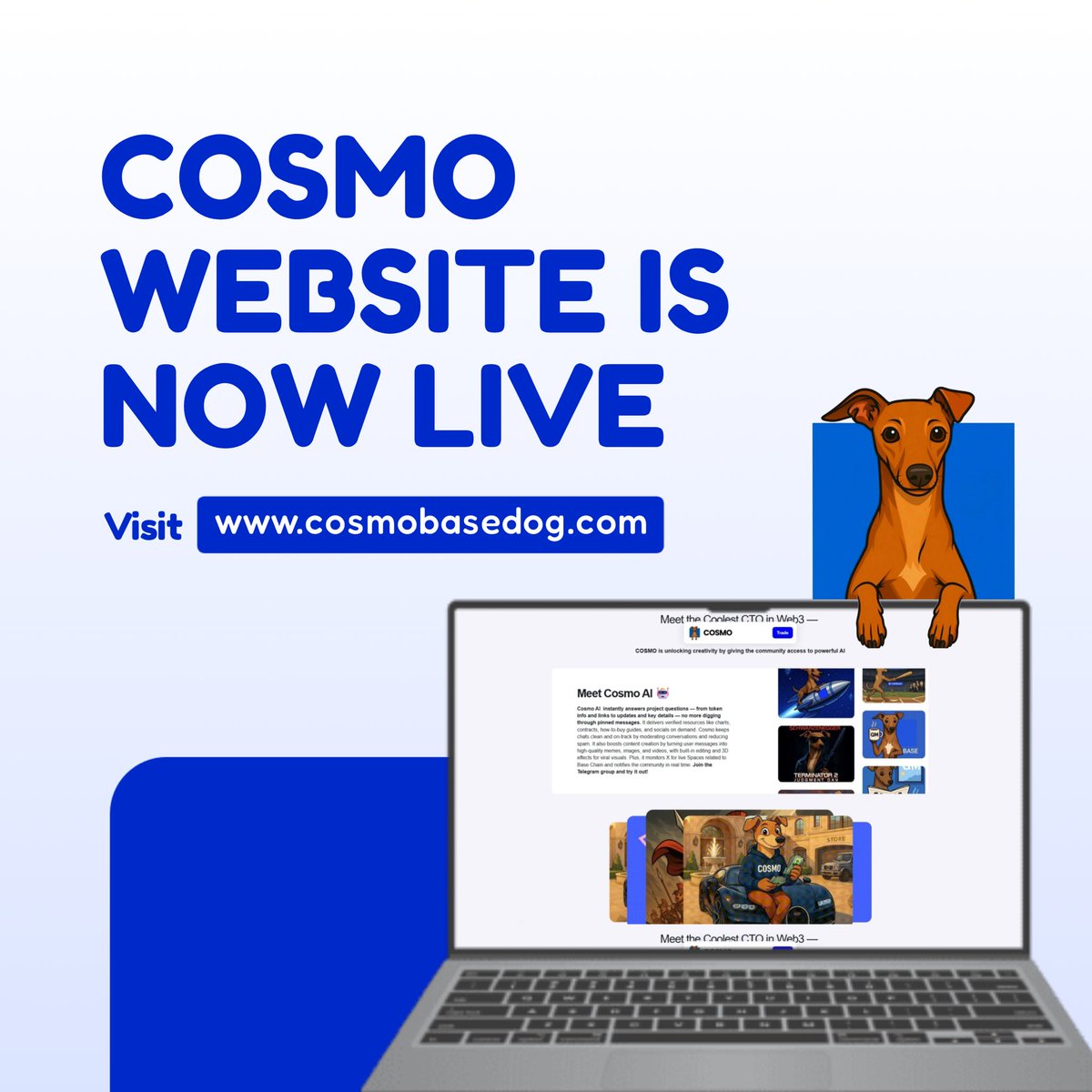 🚨 Website Update LIVE 🟦🐶

Cosmo just got a facelift — cleaner, sharper, and built to onboard the next wave 🌊

📲 Dive in: cosmobasedog.com
More updates on deck — we’re dialing things up.

#Cosmo #Base #CTO