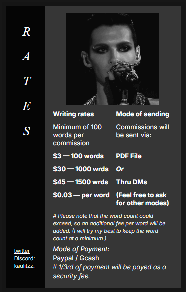 Lov1ngHan's tweet photo. Hallo everyone, exciting (and sudden) news ! 

I'm officially opening writing commissions — whether you need lore, fanfics, or other narratives in mind, I’ve got you covered!

refer to the images attached for my rates (and carrd for more info)
throw in a dm for further inquiries! https://t.co/8lE3OEo2qY