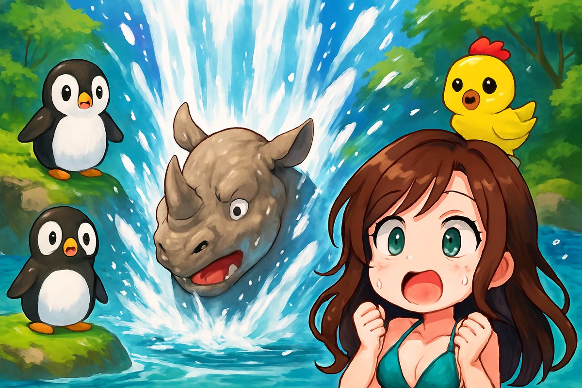 XAIX0X0's tweet image. 瀧に打たれるサイとしぶきを浴びてるペンギンとひよこ

涼しくなーれ