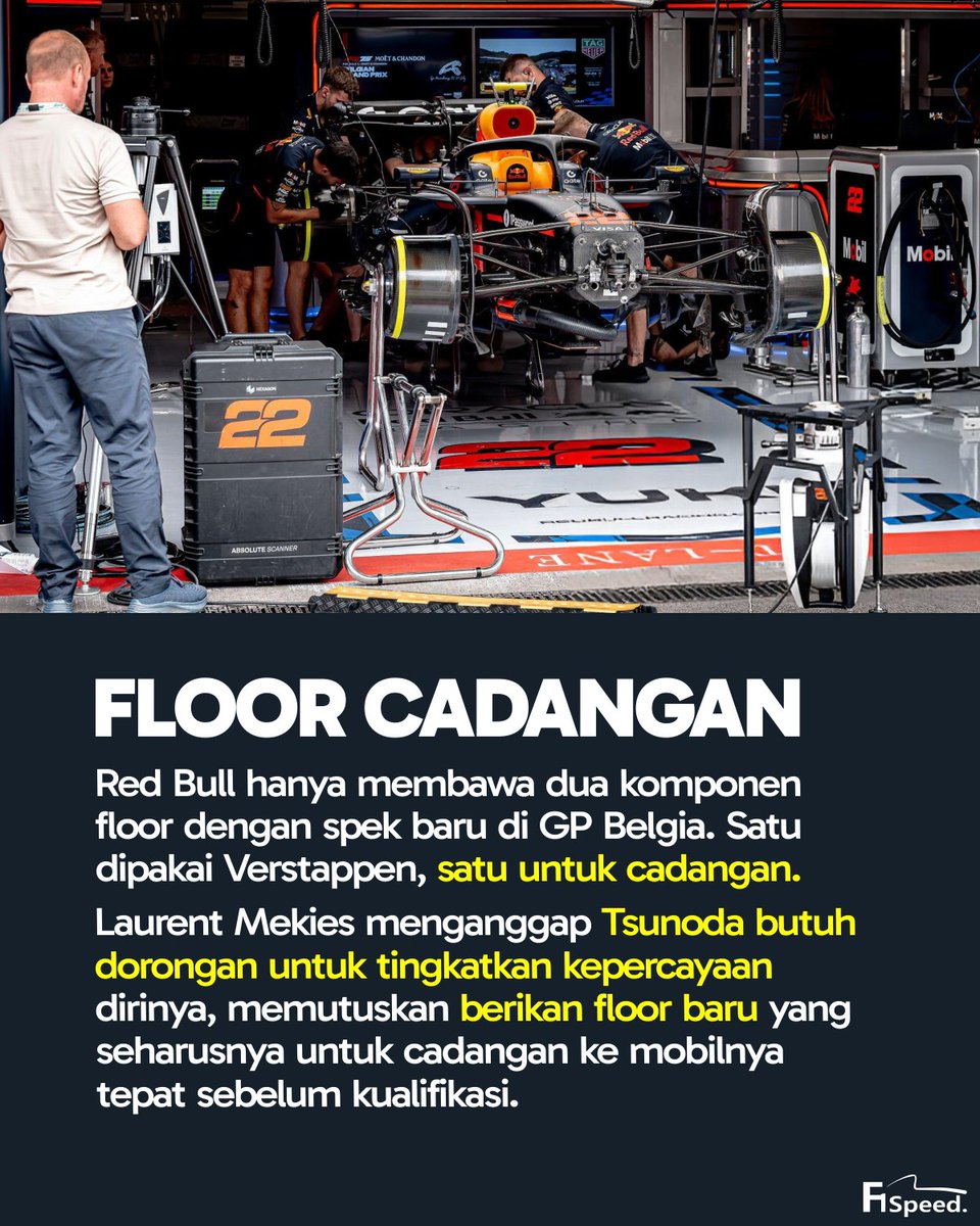 f1speed_indo's tweet photo. 🚨 Red Bull sedang kesulitan dalam memproduksi suku cadang untuk RB21 dan mereka hanya bawa dua buah floor spek baru. Salah satunya dipakai oleh Verstappen.

Tapi Laurent Mekies memutuskan berikan floor baru yang harusnya untuk cadangan ke mobil Yuki Tsunoda untuk mendorong kepercayaan dirinya di sirkuit.

Keputusan itu berhasil buat Tsunoda lolos ke Q3 untuk pertama kalinya dalam enam balapan & raih kualifikasi terbaiknya bersama Red Bull.
