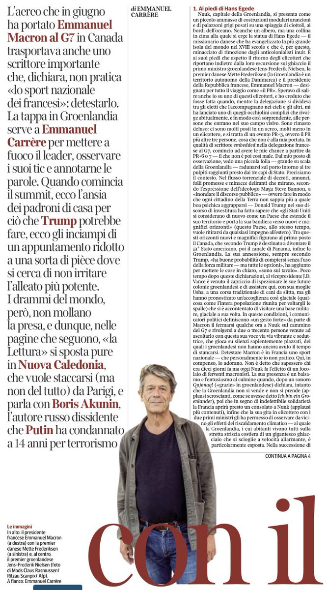 «Detestare Macron è in Francia uno sport nazionale, che personalmente io non pratico», esordisce Emmanuel Carrère da Nuuk, capitale della Groenlandia

Macron secondo Carrère: il reportage su <a href="/La_Lettura/">la_lettura</a> <a href="/Stef_Montefiori/">Stefano Montefiori</a> 

corriere.it/la-lettura/25_…