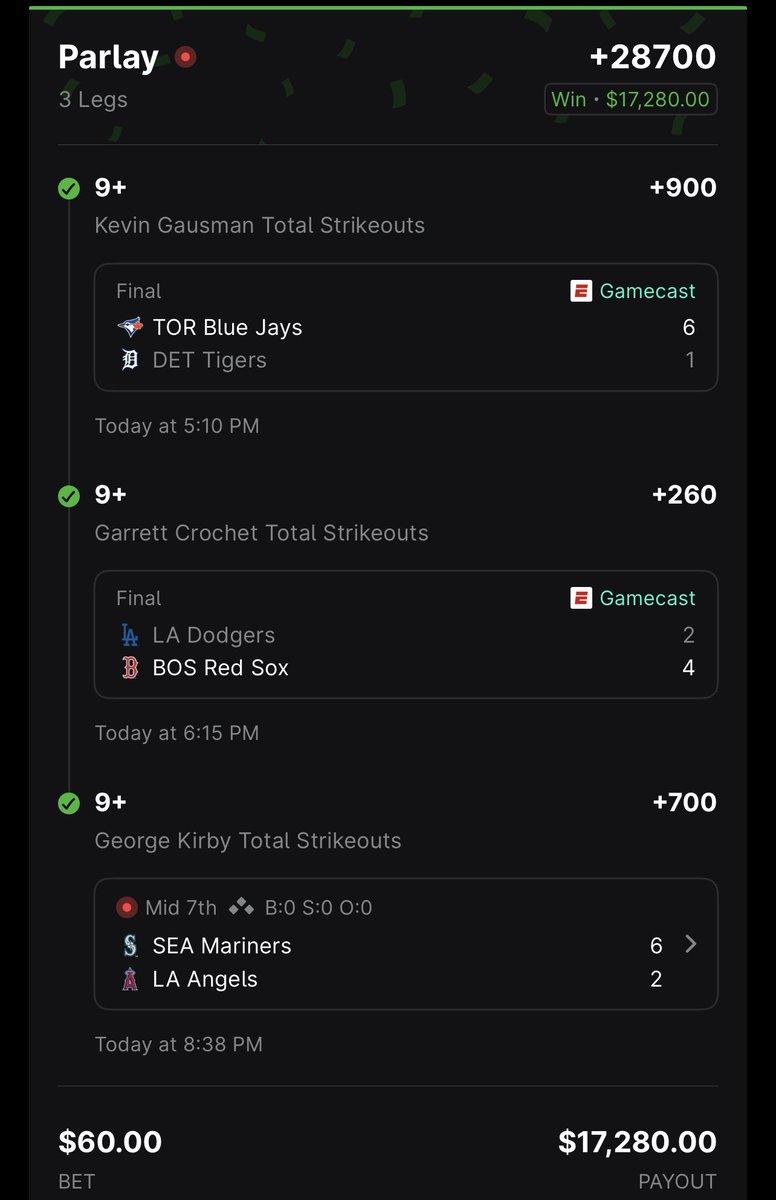 snowman_sports's tweet image. NO FUCKING WAY CASH IT ALL!!!!! ☃️⚾️🤑✅

George Kirby strikes out the side to bang!!

Crochet Kirby and Gausman are Fucking GOATED!!!

7s +1605 ✅

8s +4600 ✅

9s +28700💎✅🤑

40k night the biggest win of my life 

All cooked up live on stream everyday twitch.tv/snowmansports