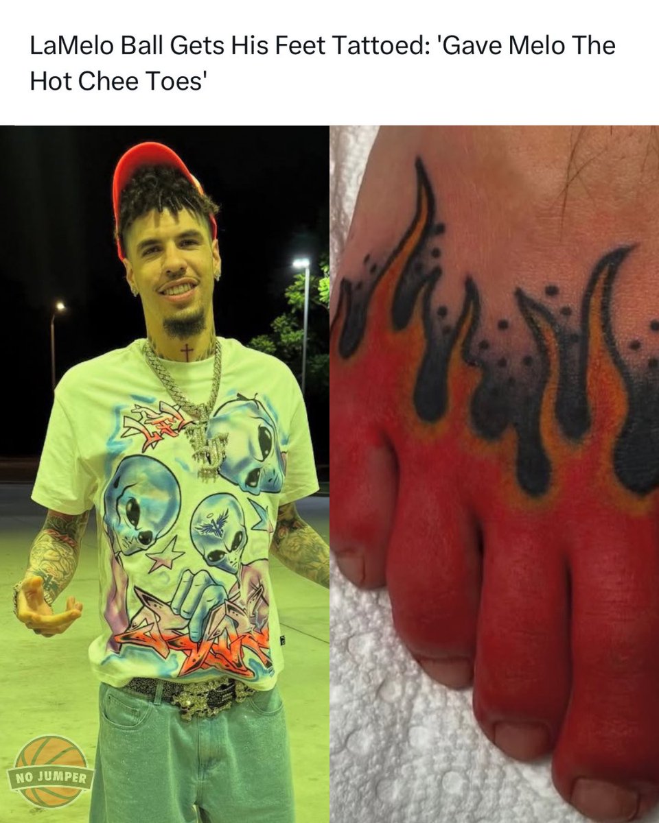 nojumper's tweet image. LaMelo Ball's new foot tattoo 🤣
