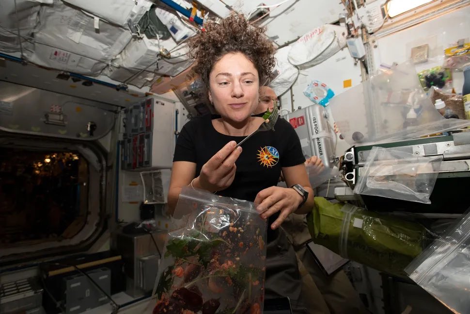 astro_alexandra's tweet image. Astronauts enjoying fresh food on the ISS! They eat fresh fruits and veggies either sent or harvested in space! Because everyone, even people not on earth, deserves to eat!