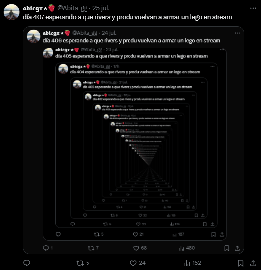 día 408 esperando a que rivers y produ vuelvan a armar un lego en stream