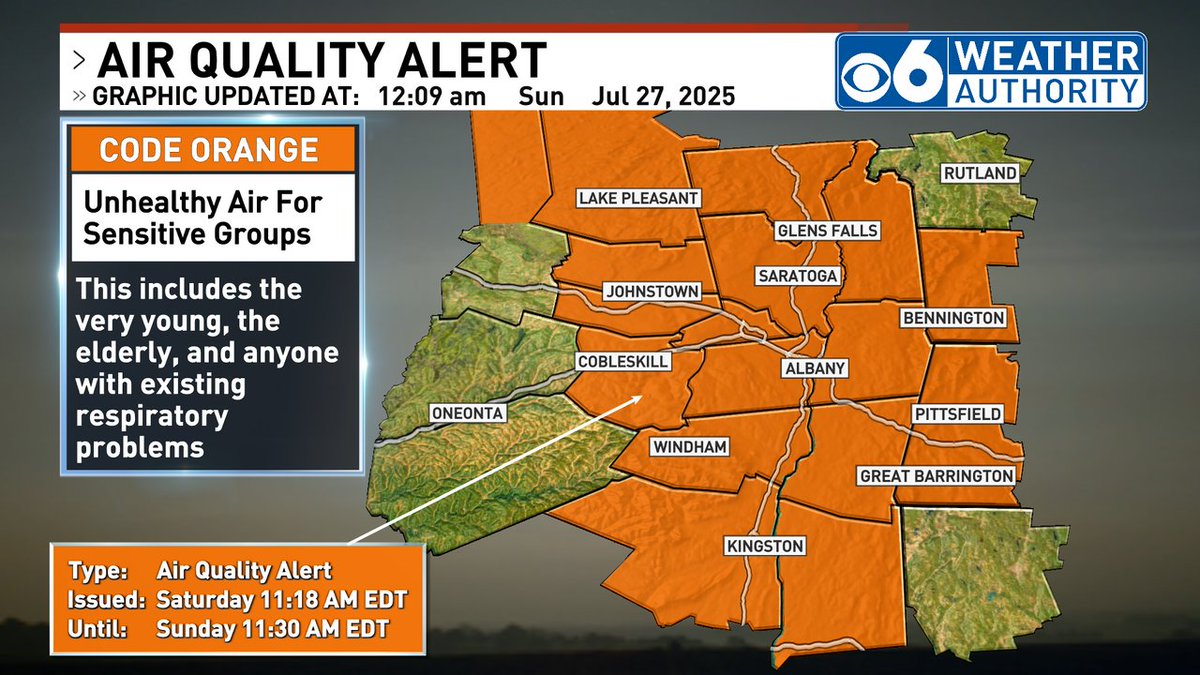⚠️ Air Quality Alert Warning For Albany, Dutchess, Saratoga, Ulster, Rensselaer, Schenectady, Columbia, Washington, Fulton, Montgomery, Greene, Schoharie Until Jul 28 12:00AM #nywx #mawx #vtwx