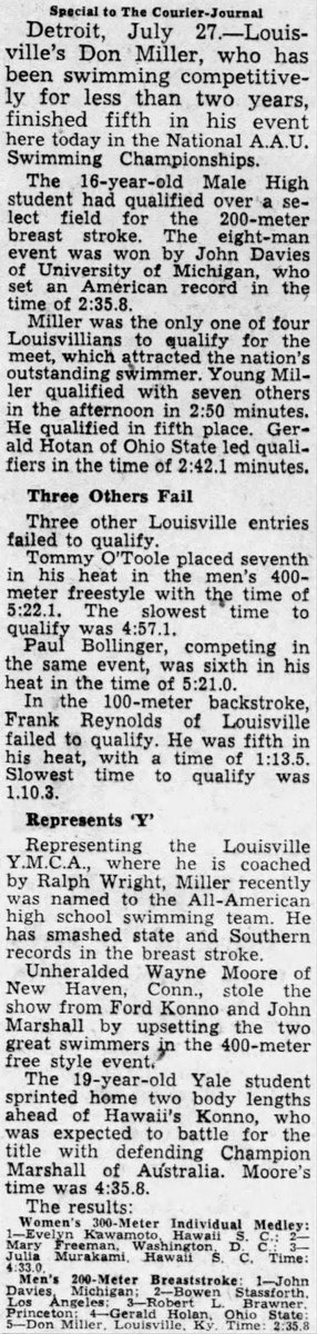 coreyp08's tweet image. This day in @WeAreMaleHigh history
July 27th, 1951: 16 year-old Male High School student Don Miller placed 5th in the 200-meter breaststroke at the National A.A.U. Swimming Championships in Detroit.