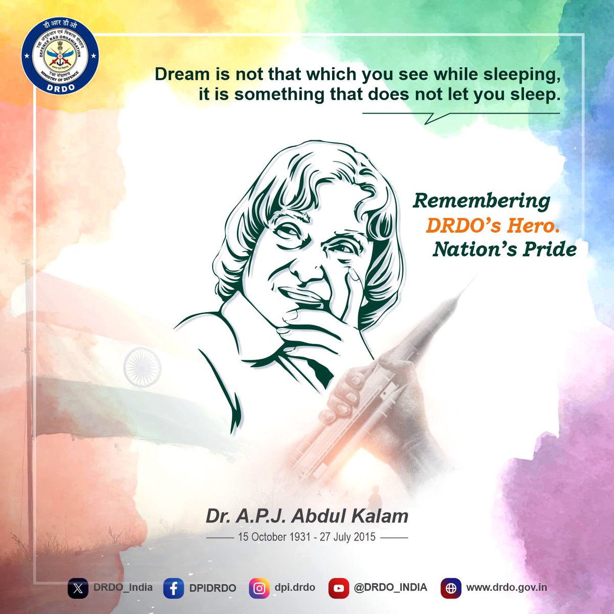 Mritunjayrocks's tweet image. 🇮🇳 Saluting Dr. A.P.J. Abdul Kalam on his punyatithi — a true Rashtra Ratan, not just a Rashtrapati.
🚀 Architect of India’s missile & nuclear strength.
🔥 Dreamer of a self-reliant India.
📕His life was a mission.
Jai Hind! 🙏
#KalamForever #MissileManOfIndia #TributeToKalam