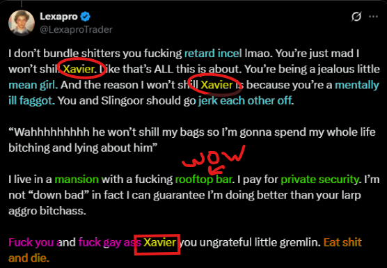 0xBurnt's tweet image. buy xavier 

lexapro hates it