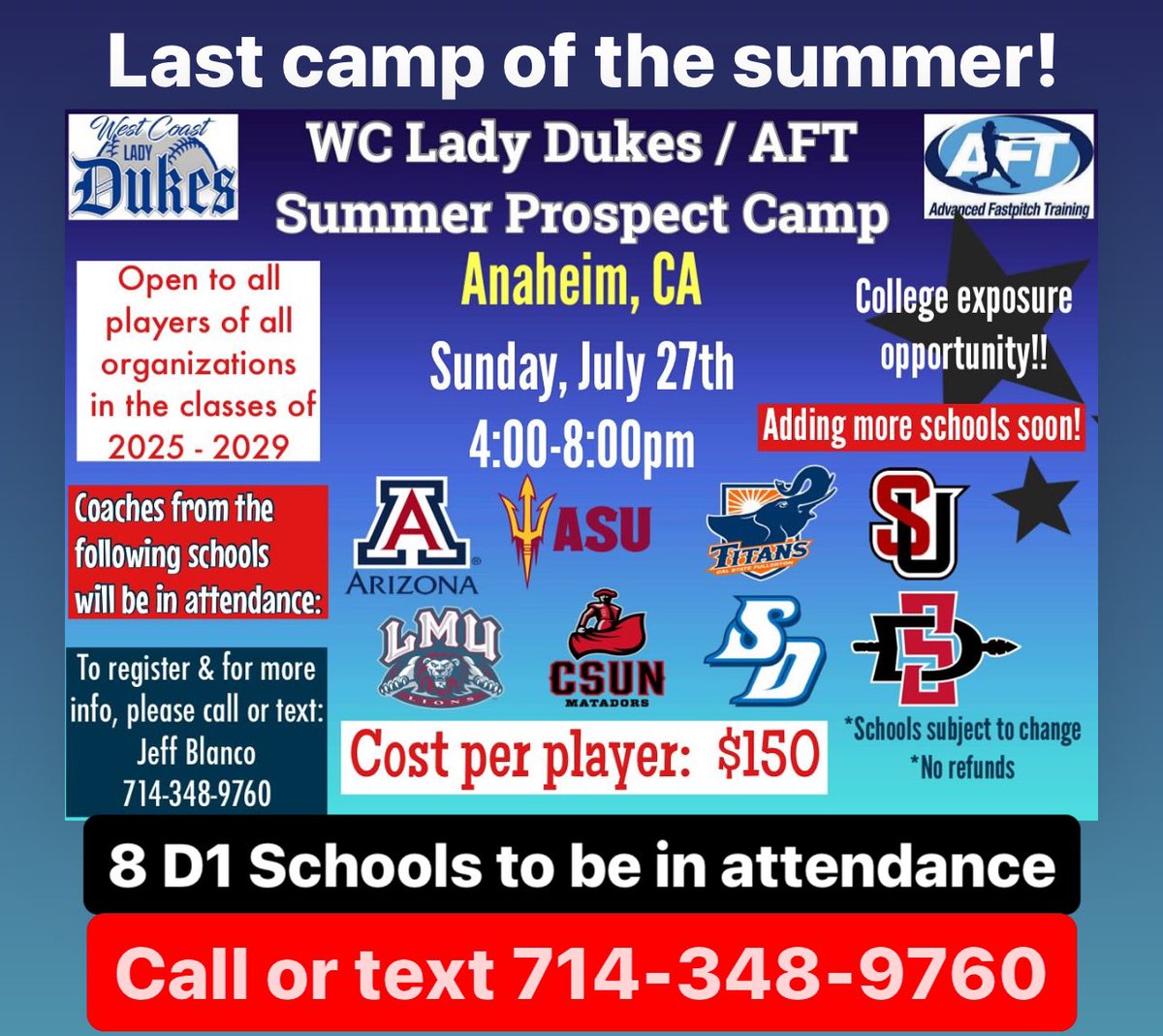 WC Lady Dukes/AFT hosting a prospect camp Sunday 7/27 
University of Arizona
Arizona State 
Loyola Marymount
San Diego State
Cal State Northridge
San Diego
Cal State Fullerton
Seattle University
The cost is $150 
<a href="/SunilSportsNews/">Sports News By Sunil Sunder Raj</a> <a href="/DirectRecruits/">Direct Recruits</a> <a href="/CoastRecruitsSB/">Coast Recruits 🥎</a> 
<a href="/SoftballRecruit/">Softball Recruit 🥎</a>