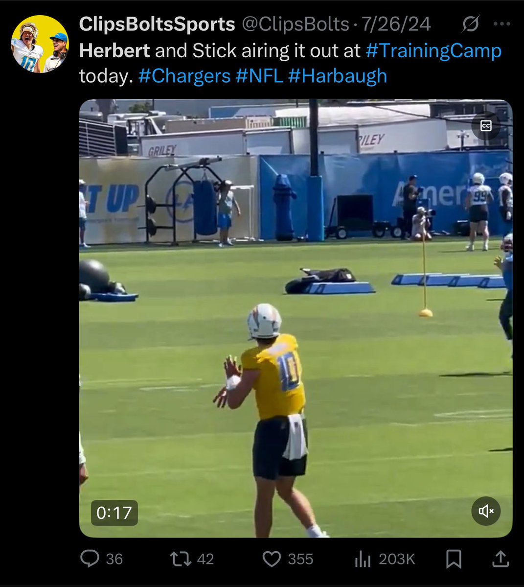 ClipsBolts's tweet image. Exactly a year ago, 7/26/24, a video I shared of Herbert completing a pass went viral for the wrong reason. Today, a video of Herbert completing a pass is going viral for the wrong reason. 😆 #BoltUp