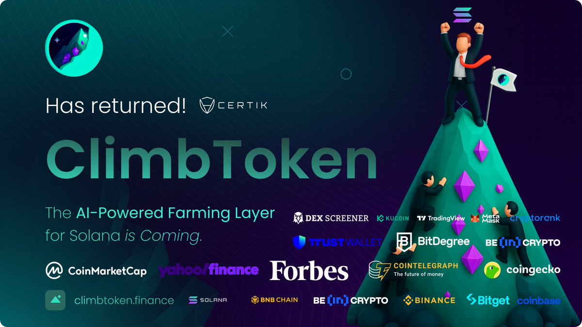 ClimbToken's tweet image. Climb Token $CLIMB is BACK — and it’s coming to @solana. The #DeFi vault that made noise

🟣 The AI-Powered High-Yield Farming Layer for #Solana is Coming.

One of the most trusted and successful tokens of the 2021 #Bullrun #Altseason, with over $1B+ in yield farming, staking &amp;amp;…