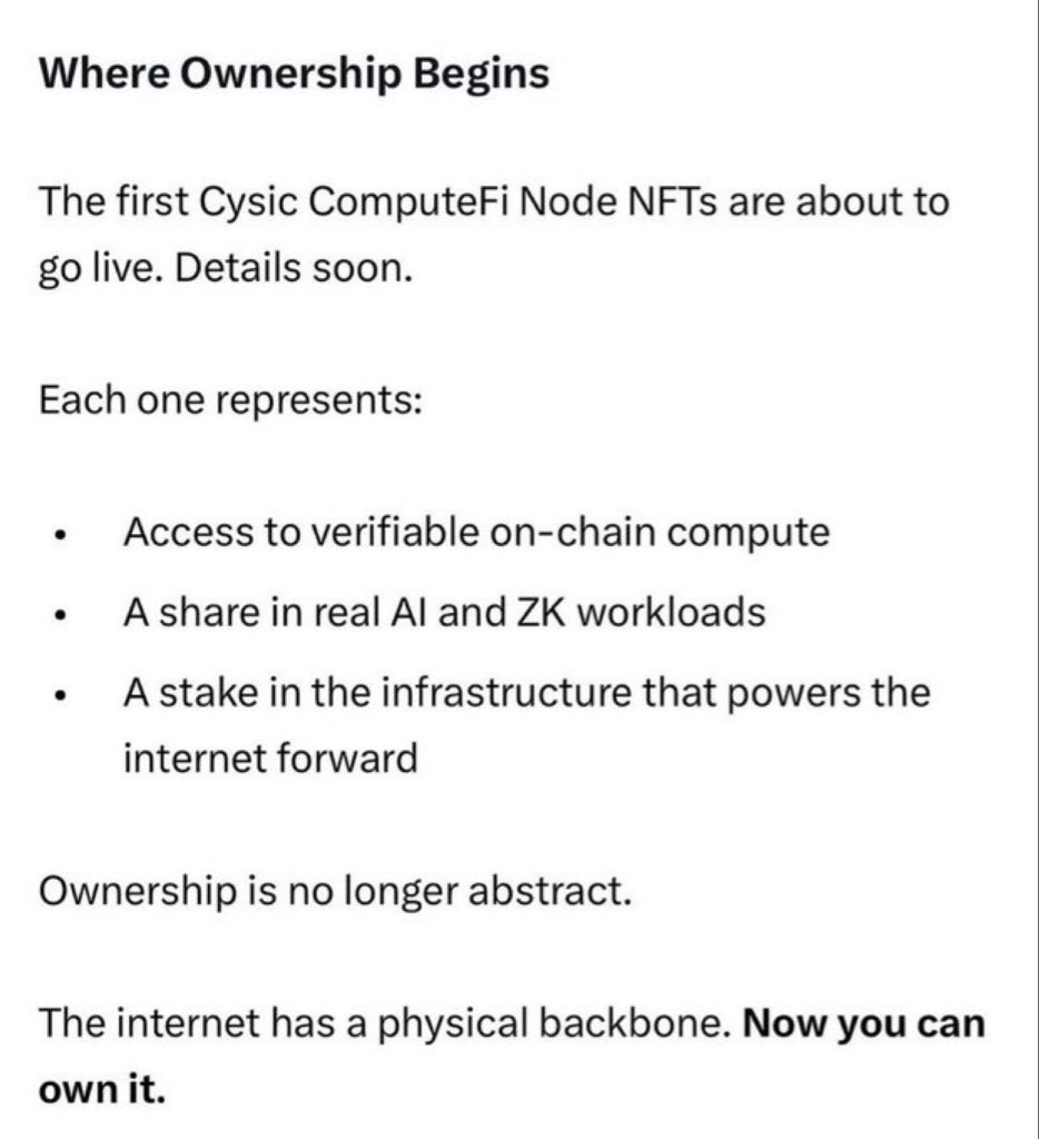 EtimEarnest's tweet image. ZK. AI. Real infra.
@cysic_xyz is launching ComputeFi Node NFTs.
Early = whitelist. Only TOP 500 spots.
Do not fade Cysic 🫵🏼