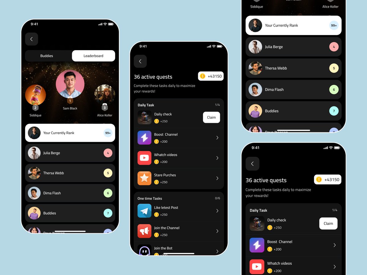 uialomgir08's tweet photo. Leaderboard and Task Screens - Mini app
Let's Talk:
uialomgir08@gmail.com
Telegram: @uialomgir08
WhatsApp: +8801771463889
#tap2earn #ranking #leader #ux #game #appdesign #champion #coin #minigame #tgapp https://t.co/iWCNLLBM3m
