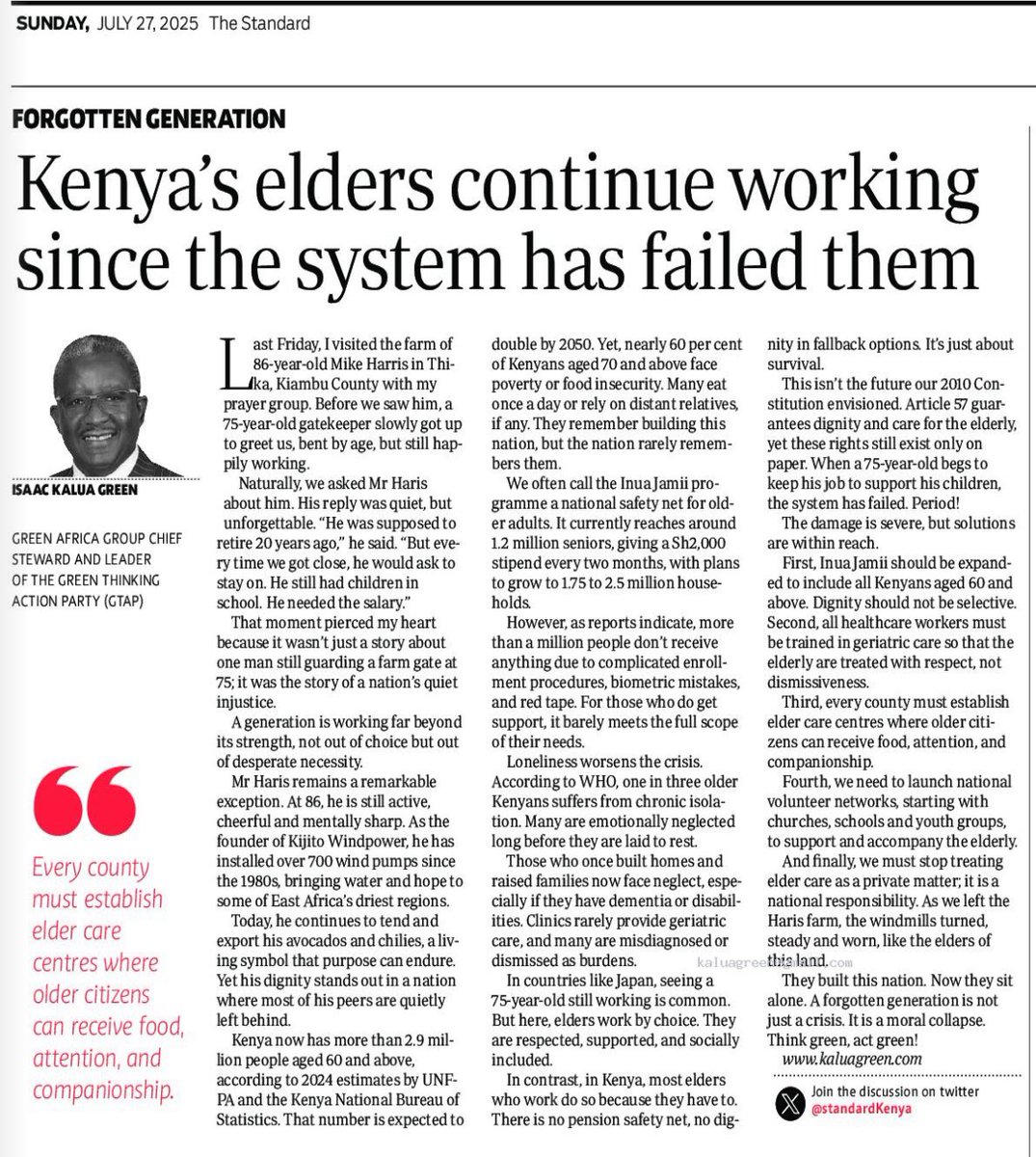 They built Kenya. Now they’re forgotten.
Why are 75-year-olds still guarding gates and farming to survive?
This is not just a crisis. It’s a moral collapse.
Read. Reflect. Act. kaluagreen.com/why-kenyas-eld…
