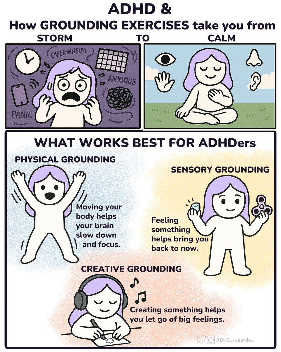 ADHD_weirdo_'s tweet image. Ever been told to “just breathe” when your brain is spiraling?
Yeah… doesn’t really work for many of us with ADHD.
Grounding is meant to help you calm down and get out of your head.
But Grounding isn’t one-size-fits-all.
When your mind is on fire...
Mental exercises like…