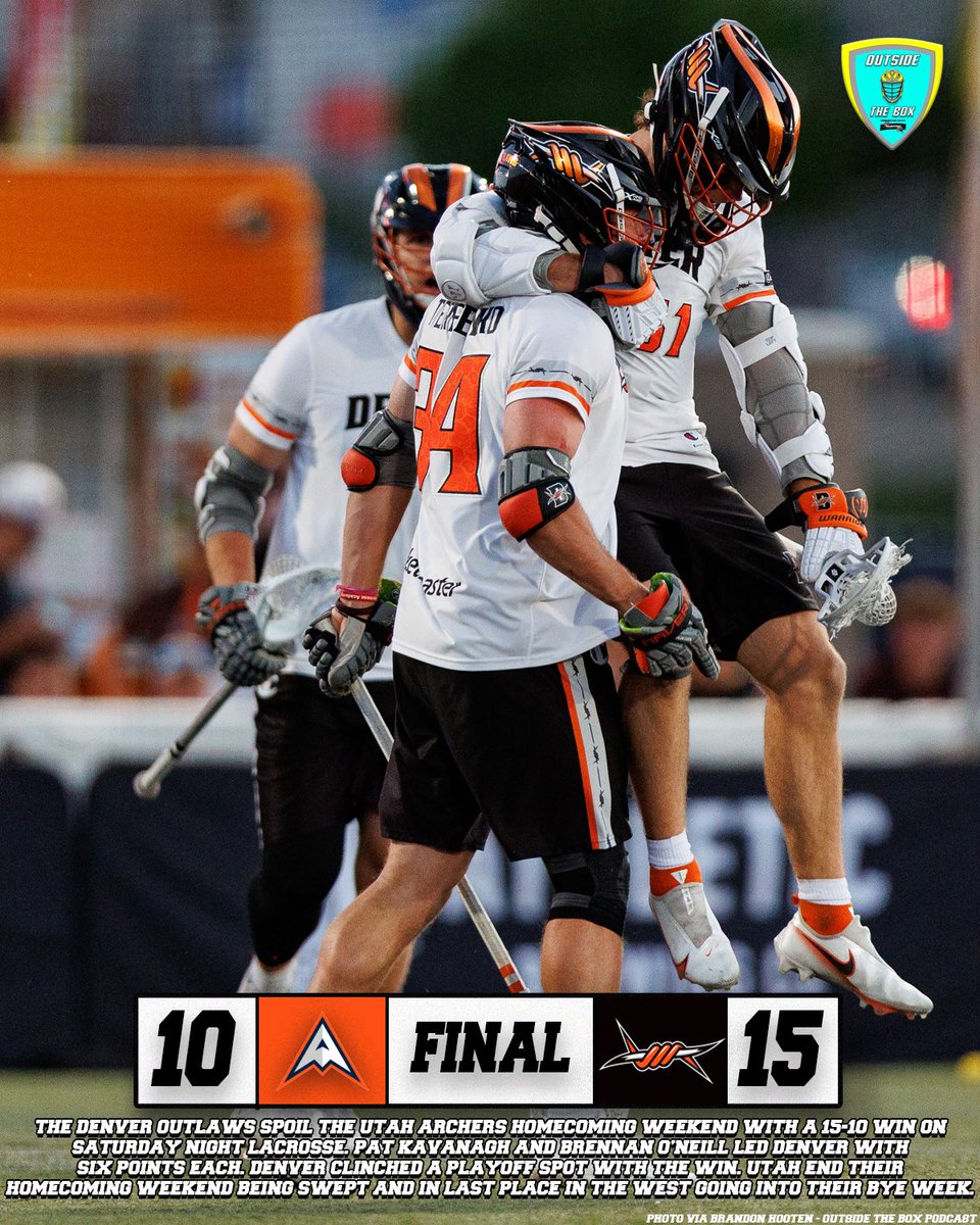 OTBLaxPod's tweet image. ’𝐋𝐀𝐖𝐒 𝐓𝐎 𝐓𝐇𝐄 ’𝐘𝐎𝐅𝐅𝐒 🤠
The @DenverOutlaws spoil the Utah Archers homecoming weekend with a 15-10 win on Saturday Night Lacrosse. @pkavv88 and @BrennanONeill2 led Denver with six points each. Denver clinched a playoff spot with the win.
Utah end their Homecoming…