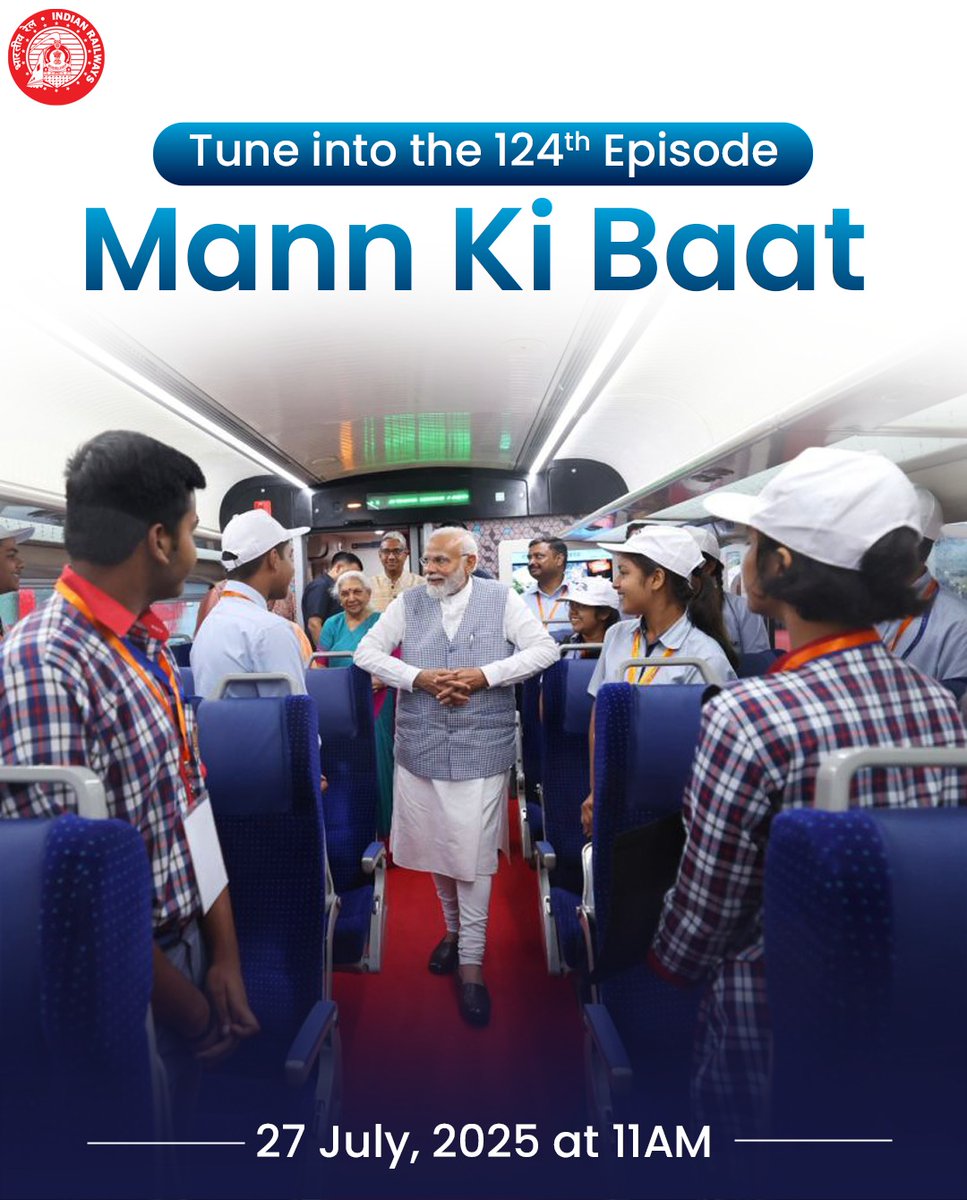 Ministry of Railways (@railminindia) on Twitter photo Tune in to the 124th episode of #MannKiBaat with Hon’ble PM <a href="/narendramodi/">Narendra Modi</a> today from 11 AM onwards, as he shares his thoughts and reflections with the Nation.
Watch at: youtube.com/live/Snlq1jwyO… Tune in to the 124th episode of #MannKiBaat with Hon’ble PM <a href="/narendramodi/">Narendra Modi</a> today from 11 AM onwards, as he shares his thoughts and reflections with the Nation.
Watch at: youtube.com/live/Snlq1jwyO…