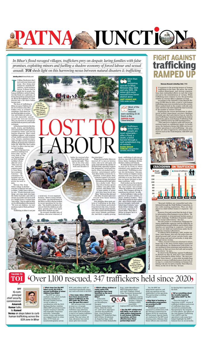 TOIPatna's tweet image. In Bihar’s flood-ravaged villages, traffickers prey on despair, luring families with false promises, exploiting minors and fuelling a shadow economy of forced labour. TOI sheds light on this harrowing nexus between natural disasters and human trafficking