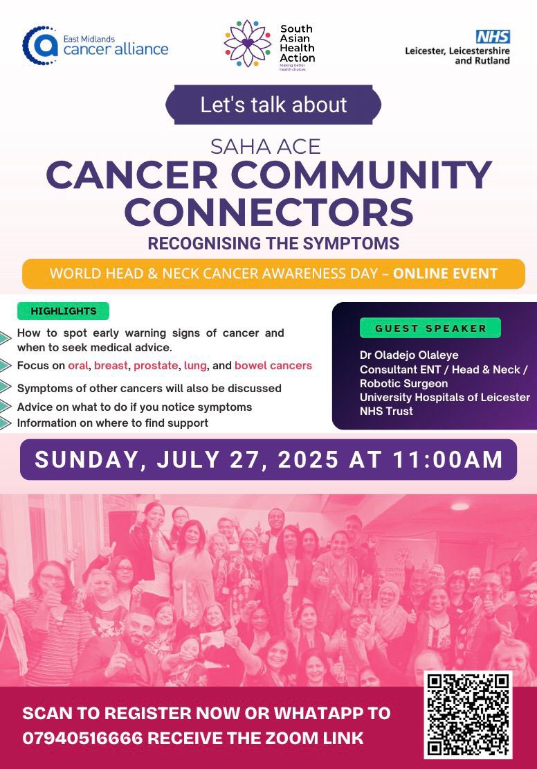 kmistryuk's tweet image. Honoured our Consultant from @Leic_hospital @dejolaleye presenting on hncuk.org/world-head-and…. Looking forward to you sharing symptoms, risk factors, treatment &amp;amp;prevention of head &amp;amp;neck cancers.This awareness will help improve the health of our communities. Register for link