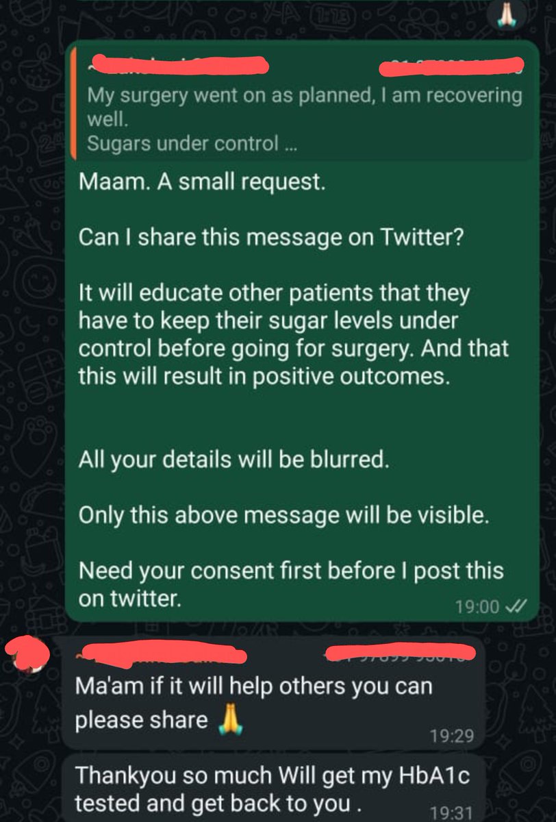 I always speak about keeping blood glucose levels and Hba1c well under control before going for any elective procedure.

The post-operative outcomes are good if pre-operative Hba1c is in normal range.

Sharing a screenshot of a patient's update. She had approached me for an