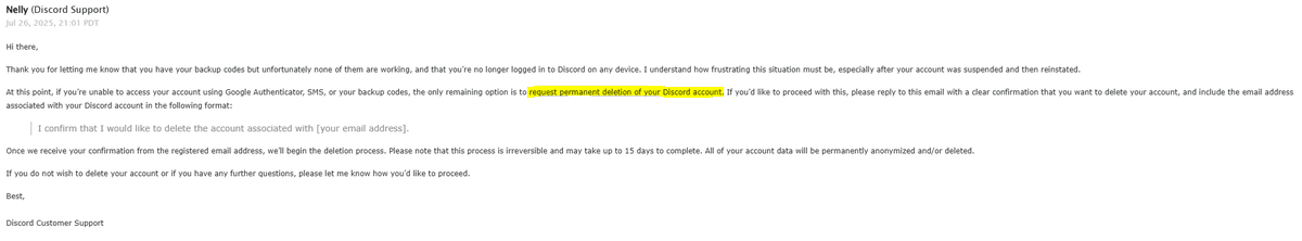 05thirtyone's tweet photo. Imagine having your account wrongfully suspended, then reinstated, and eventually losing access to it.

Only to be told that they can't help any further and the only thing they can help you with is an account deletion.

That's cold, Discord.

I've had that account for 10 years. https://t.co/FBDeIyXcZ6