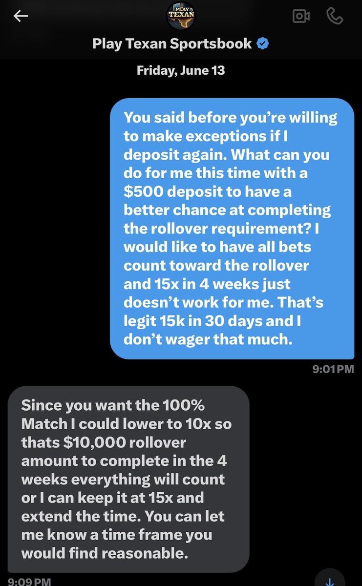 Mdegner1's tweet photo. @DQUANPICKS @Play_Texan GIANT SCAM! DON'T USE! Placed 19K worth of bets w/ odds avg of -130 over a 6 wk span to ✅ their rollover. My balance sat @ $2500 from $500 deposit &amp; $500 they gave. Rollover requirement was to place 15K in bets. @Play_Texan  won't pay! Won't Send bets they counted! #ScamAlert https://t.co/zuXUEkHum3