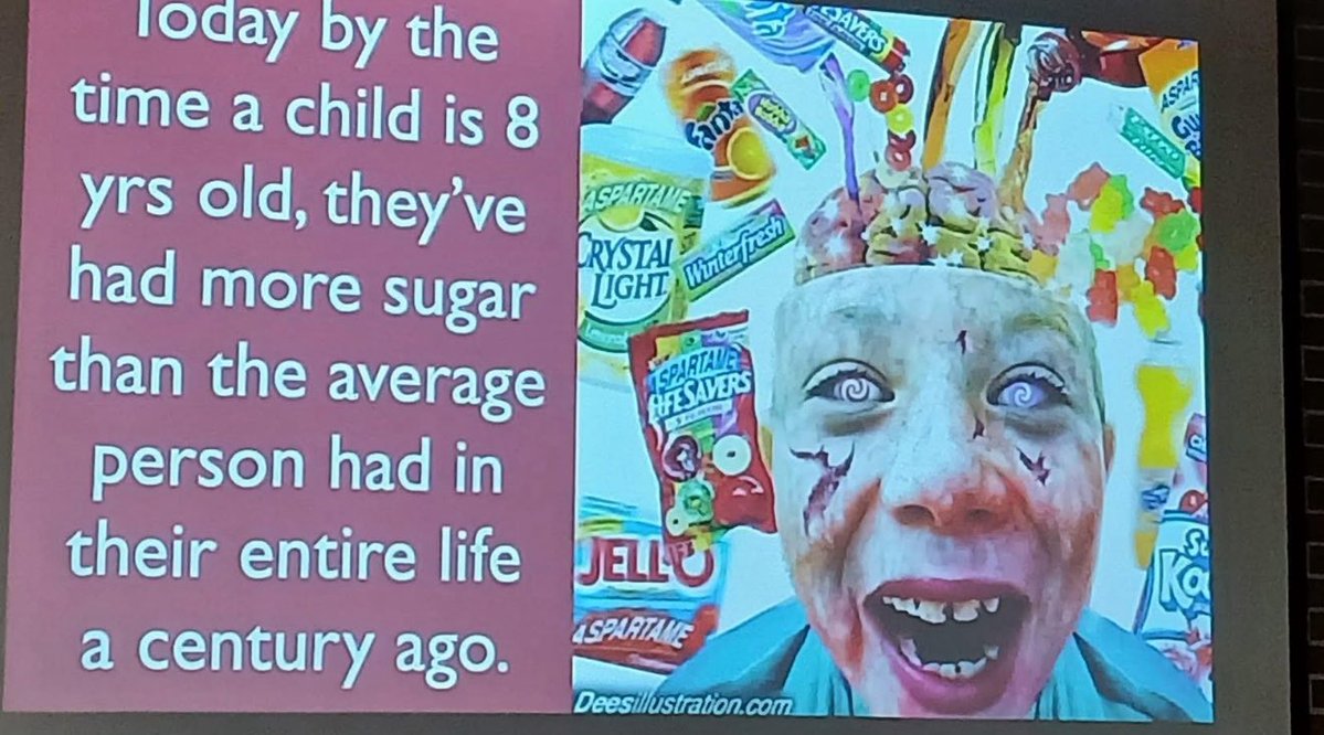 PenelopeFigtree's tweet image. Slide from a great conference yesterday. Disturbing to see the brain covered in sugar and the crazy eyes. Kids livers are also looking crazy on ultrasound with fatty liver becoming almost normal. So obvious what’s happening. Weird we just keep giving these kids “treats”.