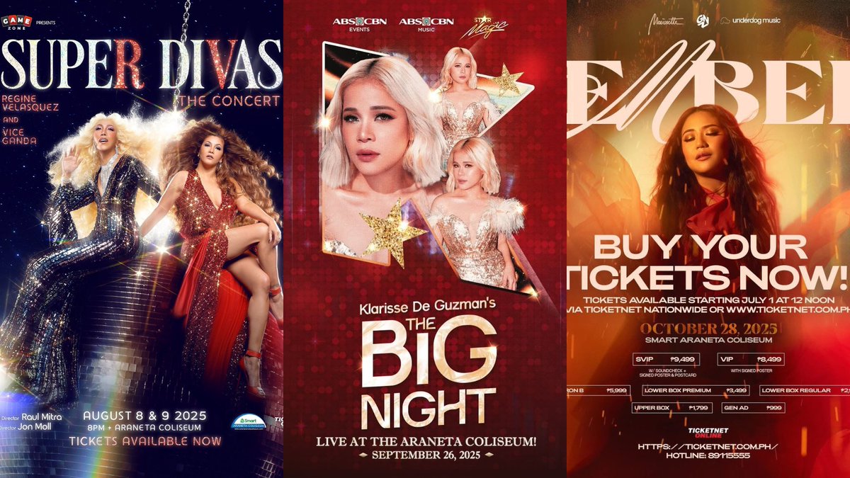 itsmorislays's tweet image. Grabe! Sunod-sunod ang mga major concerts ng kapamilya artists sa Araneta Coliseum this year! ❤️💚💙
Regine Velasquez and Vice Ganda - August
Klarisse De Guzman - September
Morissette - October