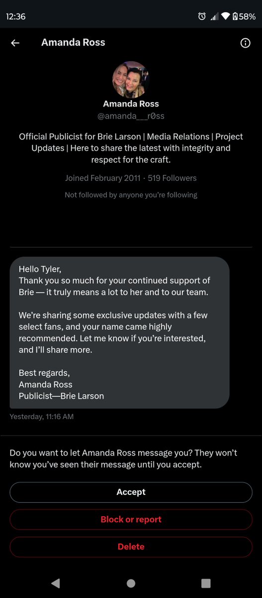 ThatTylerCrowe's tweet image. Not a noted Brie Larson superfan (big fan that said) I love her work, think she should be in everything. I'm pretty sure that's not her publicist, & pretty sure there'd be much more deserving fans for something like that & the publicist would probably be verified, Good try though