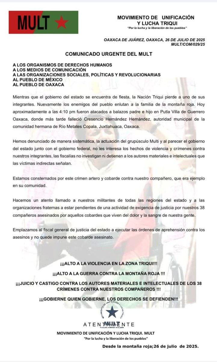siimachumaa's tweet image. Nuevamente consternados por el asesinato de uno de nuestros militantes, exigimos enérgicamente castigo contra los autores materiales e intelectuales.
@salomonj @jesusromerooax @CNDH