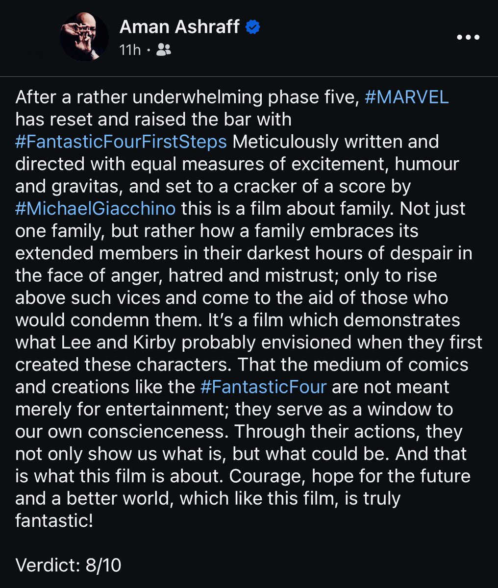 amanashraff's tweet image. #FantasticFour
Expanded Review
Verdict: 8/10
#FantasticFourFirstSteps @Kevfeige
@Marvel @MarvelStudios #MattShakman #ItsClobberinTime