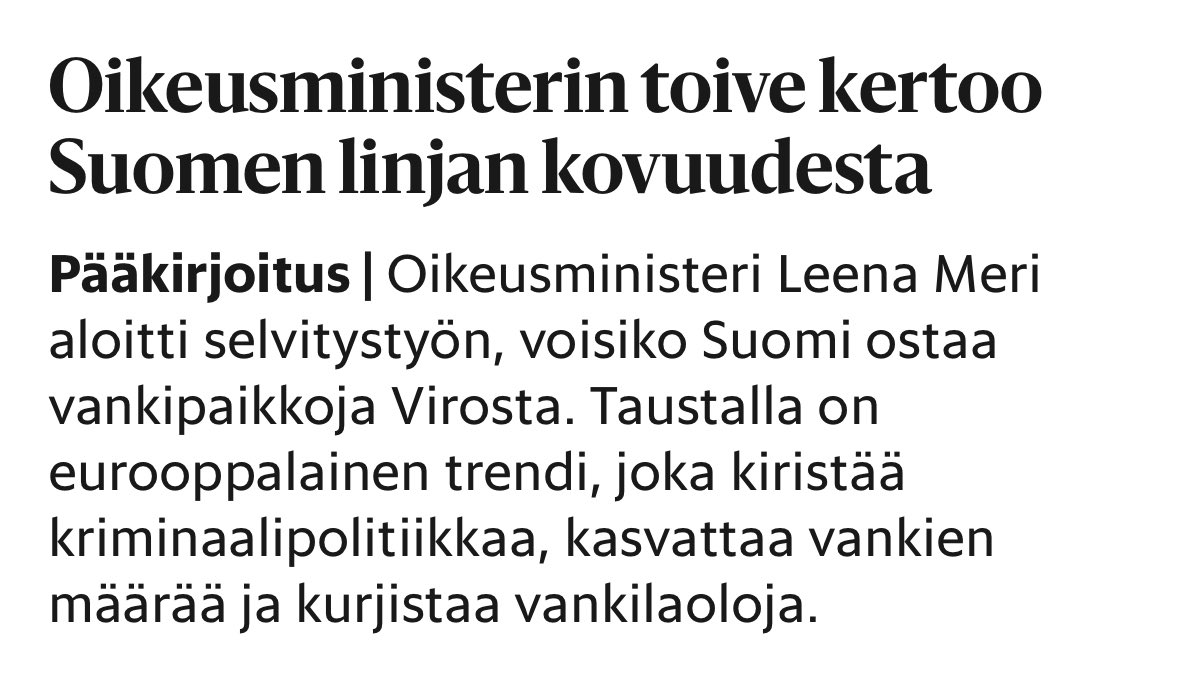 OttoMeri's tweet image. Joka viides vanki on ulkomaalainen. Ja määrä kasvaa. Vankiloiden ylläpitäminen Suomessa on kallista. Siksi on järkevää, että ulkomaalaiset vangit siirretään ulkomaille. Siellä vankiloiden ylläpitäminen on halvempaa.
Tämä olisi veronmaksajan etu!