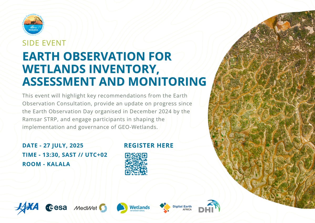 WetlandsIntEA's tweet image. Today at #RamsarCOP15, we’re turning our attention to the power of data and technology in wetland conservation.
Join us in Room Kalala at 13:30 SAST.
Scan the QR code to register and be part of the discussion.
It’s a full-circle moment for wetlands. Let’s keep the momentum going