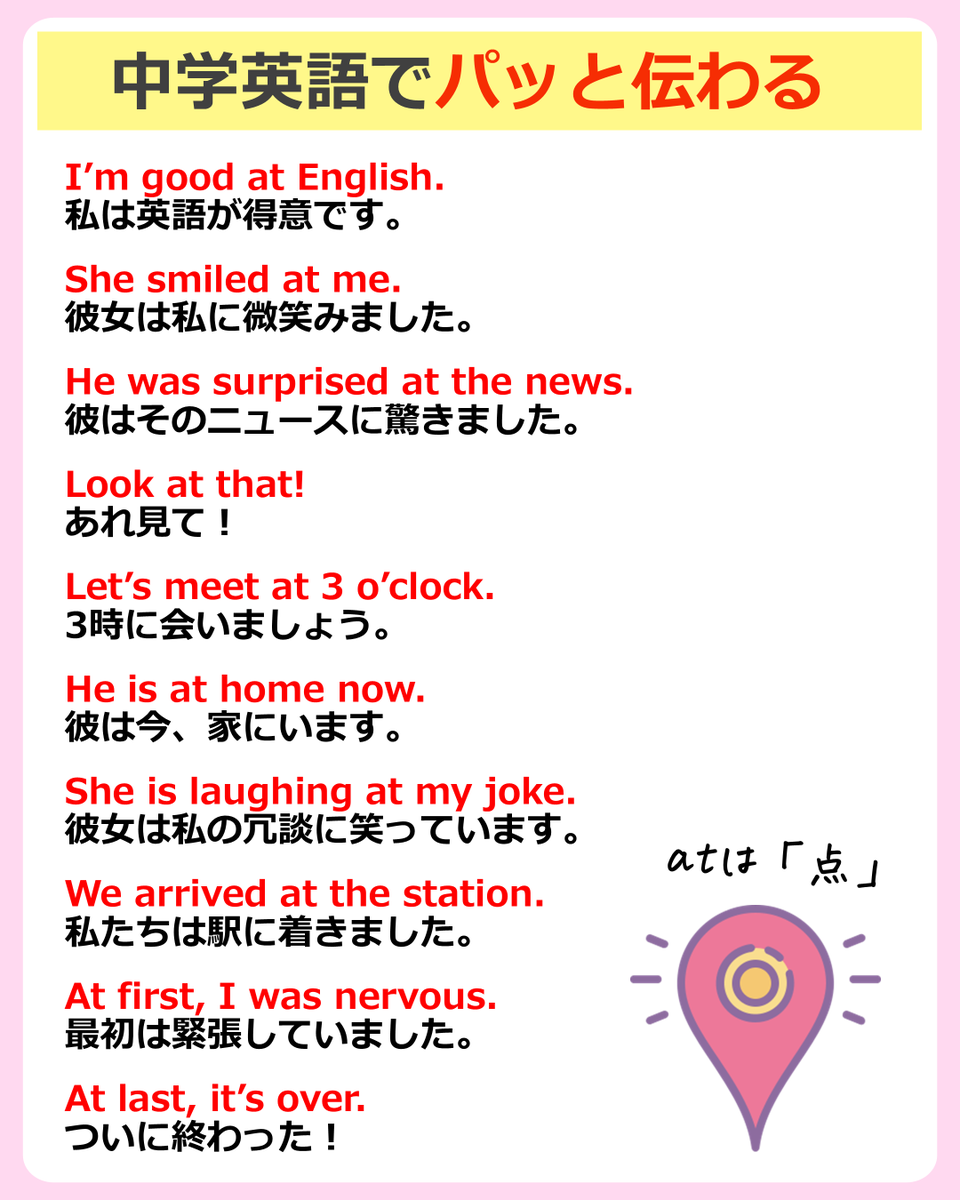 wanwan_english's tweet photo. 中学英語でパッと伝わる英会話。「at」編。 https://t.co/eV0UAlvzQ4