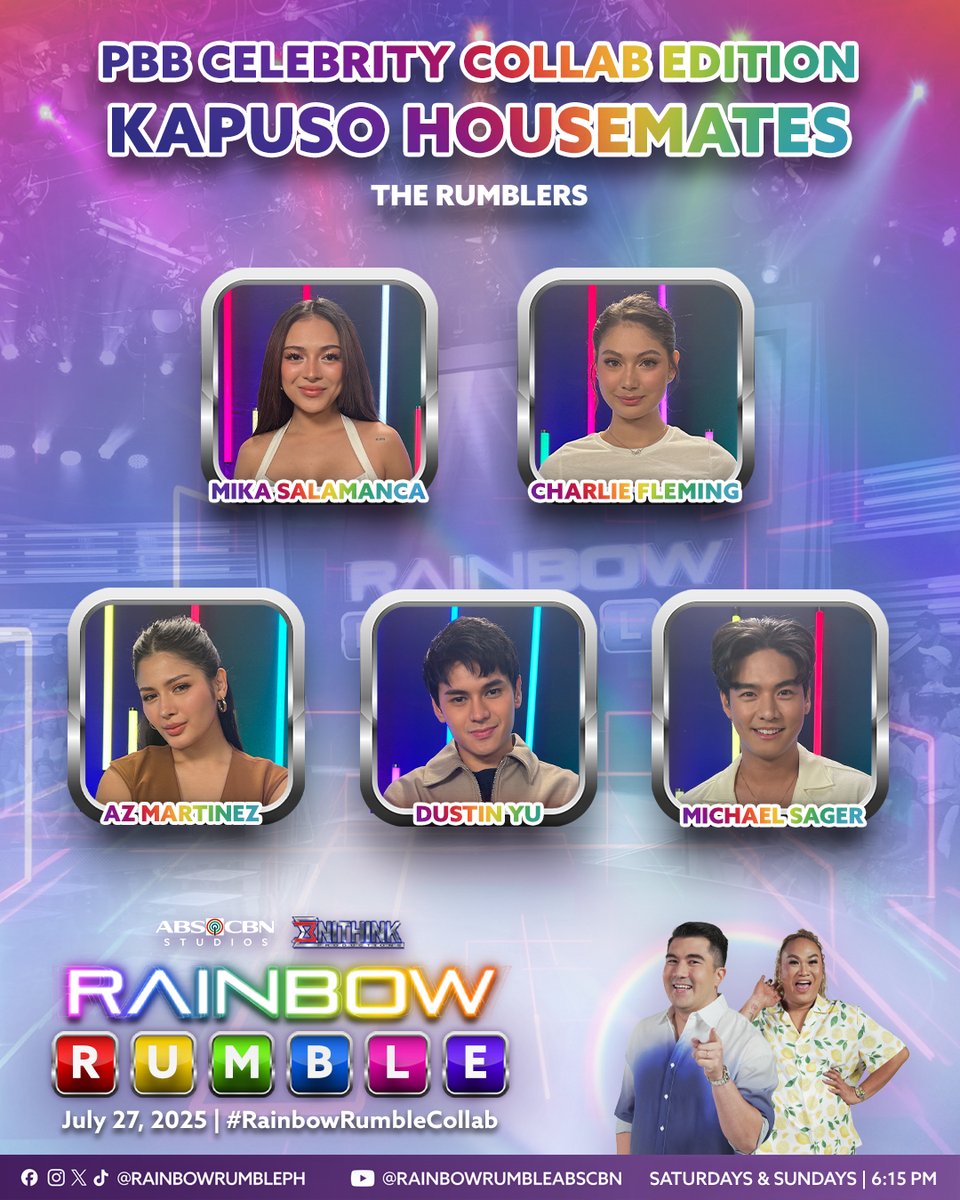 RainbowRumblePH's tweet image. May bagong task ang Kapuso Housemates mula sa PBB Celebrity Collab Edition! Sino kina Charlie, AZ, Dustin, Michael, at Mika ang pambato mo? #RainbowRumbleCollab 🌈💪🏻

#RainbowRumble ngayong Linggo, 6:15 PM sa Kapamilya Channel, Kapamilya Online Live, A2Z, at AllTV.