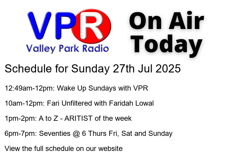 Valleyparkradio's tweet image. 馃摶 #OnAir today:
馃暃 12:49am: Wake Up Sundays with VPR
馃暀 10am: Fari Unfiltered with Faridah Lowal
馃晲 1pm: A to Z - ARITIST of the week
馃晻 6pm: Seventies @ 6 Thurs Fri, Sat and Sunday
鈽庯笍 0...
#HospitalRadio #OnAir #ListenLocal #ValleyParkRadio
bit.ly/vprweb