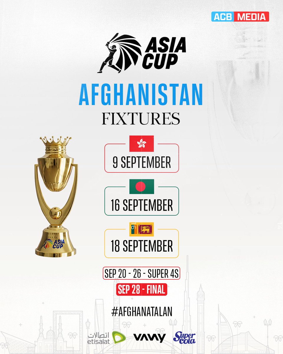 ACBofficials's tweet image. 𝐌𝐚𝐫𝐤 𝐲𝐨𝐮𝐫 𝐂𝐚𝐥𝐞𝐧𝐝𝐚𝐫𝐬 📆
The much-awaited fixtures for the ACC Men's T20 Asia Cup 2025 are out and we will be playing our first game in the event on Tuesday, September 9 against Hong Kong in UAE. 🤩
Here are Afghanistan’s complete fixtures in the ACC Men's T20…