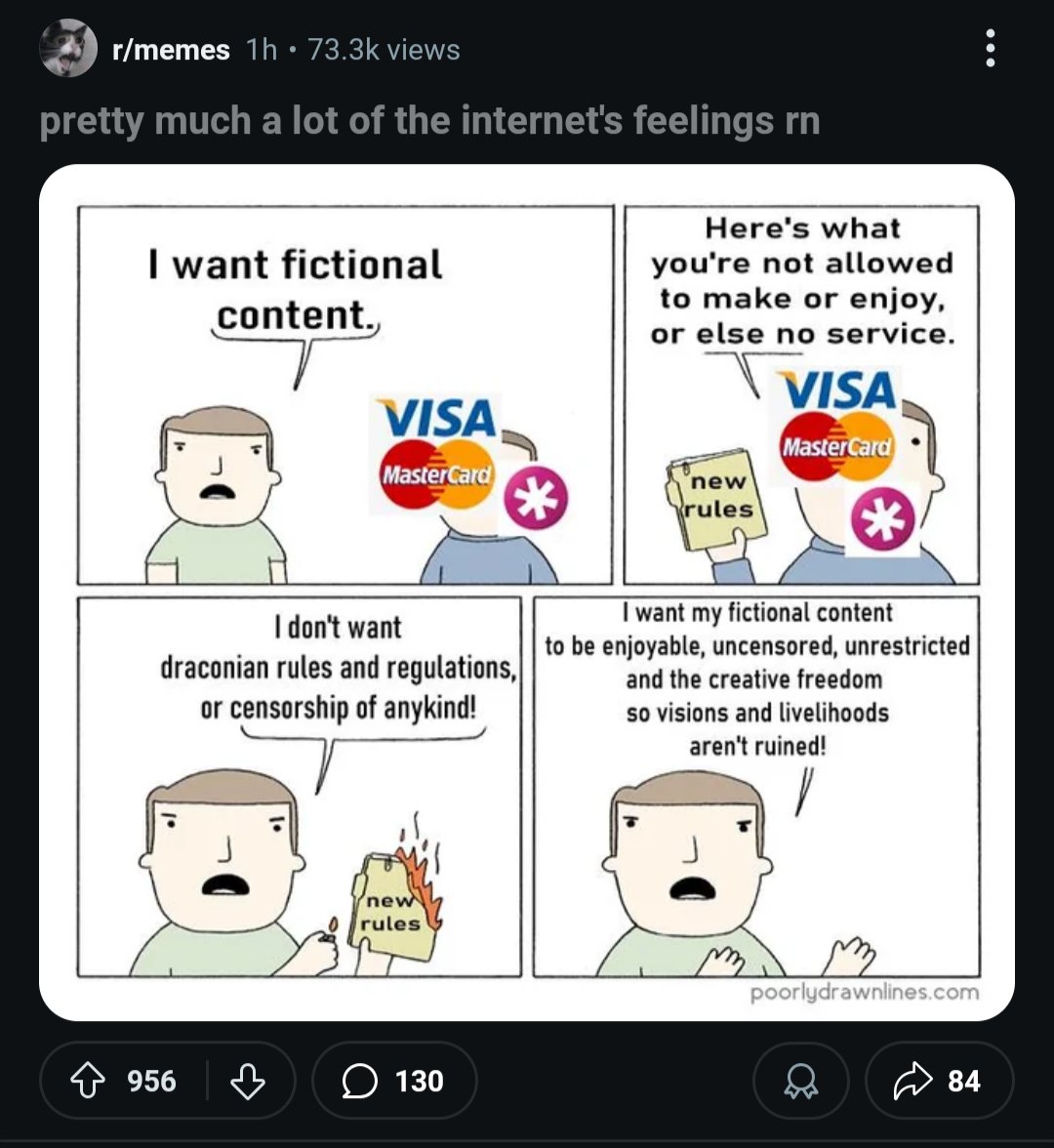 Oh so NOW its all fictional content that shouldnt ever ever be censored by anyone for Reddit LMFAO

But when it was about those "icky lolicons" they were all about censorship and harassment 🤣