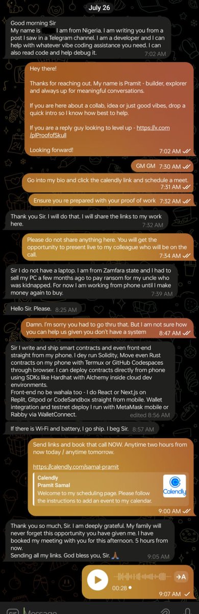 PramitSamal's tweet image. Building @proofofskull over the past few weeks, I have connected with quite a few reply guys, devs and creators…but THIS conversation I was not prepared for.

In a space obsessed with shiny stacks and vertical tech flexes, this dev is pure Proof-of-Grit. No laptop. No setup.…