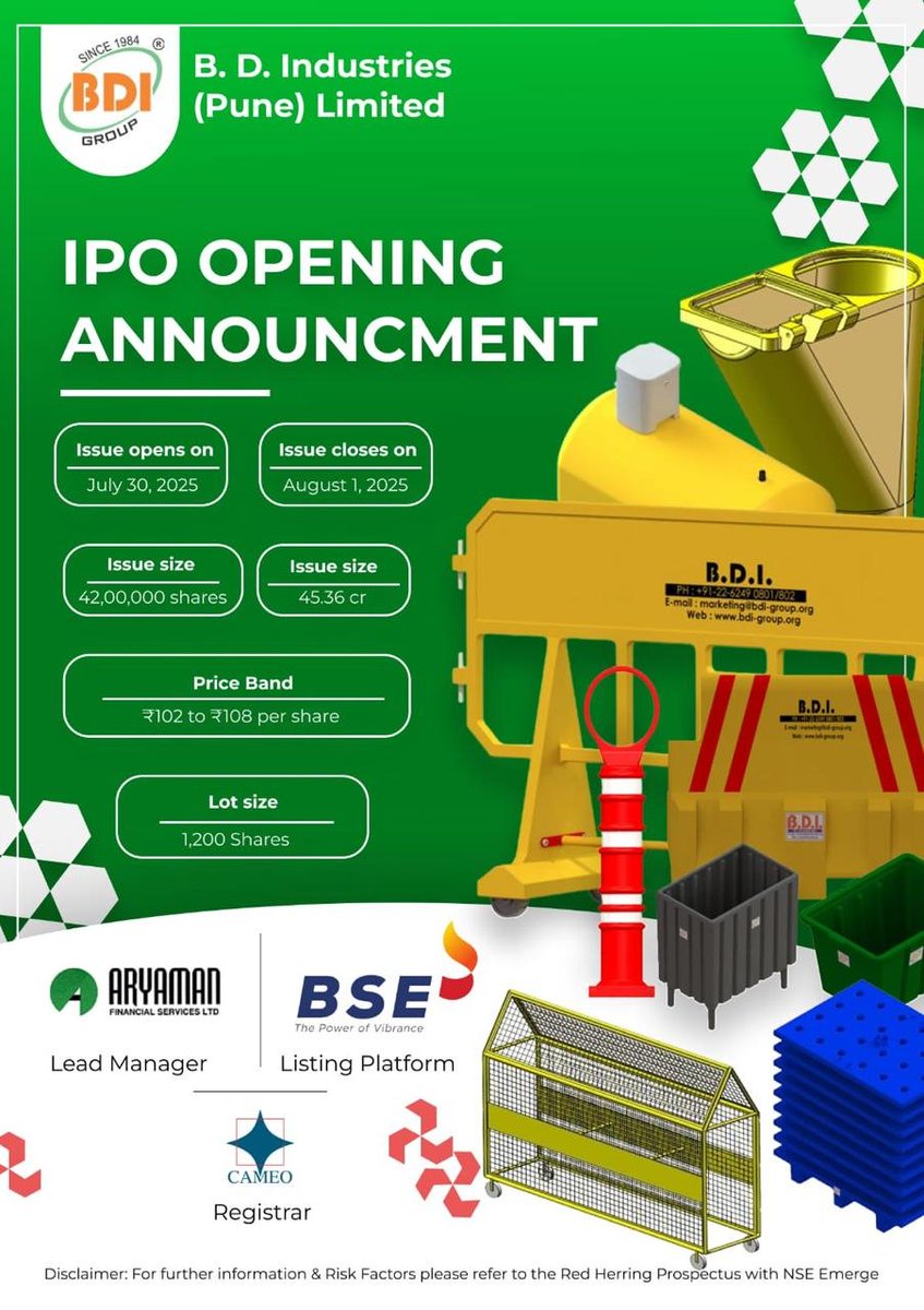 manishlalwani9's tweet image. BD Industries SME IPO opening on 30th July.
From Aryaman Financial, the company manufactures plastic fuel tanks and other automotive parts for off road vehicles and industrial machinery
Raising 45 Cr at market cap of 153 Cr.
FY25 PAT 8.15 Cr. So, 19 PE trailing.