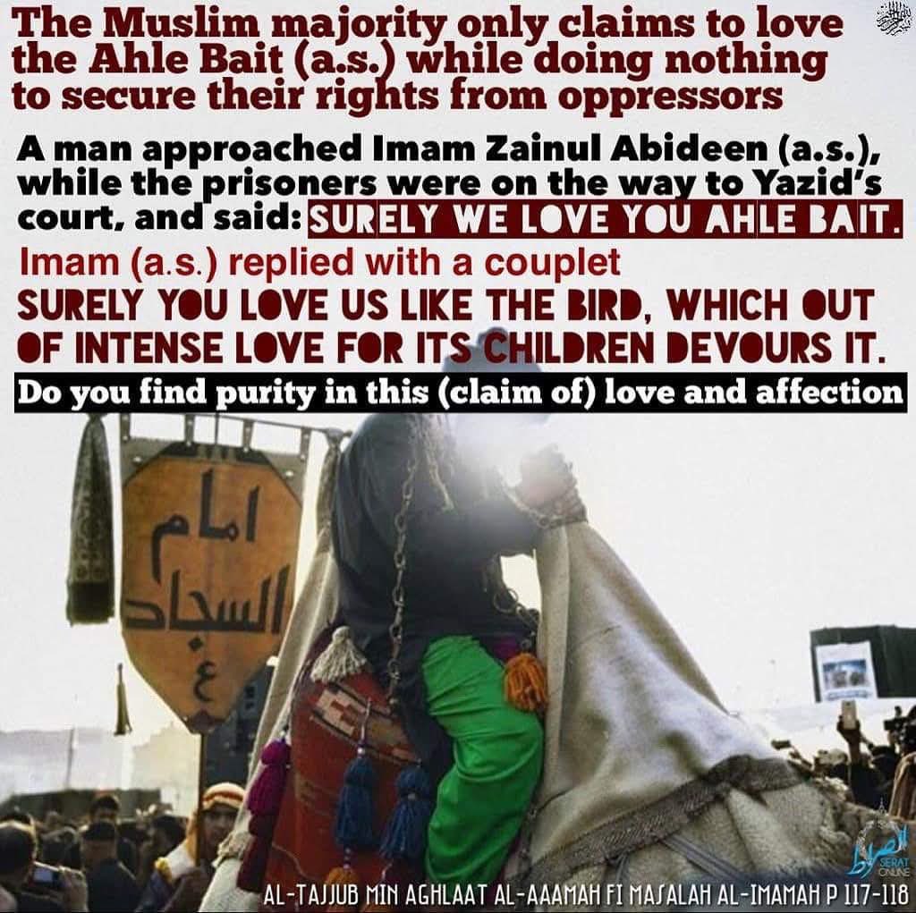 The Muslim majority only claims to love the Ahle Bait (a.s.) while doing nothing to secure their rights from oppressors

A man approached Imam Zainul Abideen (a.s.), while the prisoners were….

📒 • Al-Tajjub min Aghlaat al-Aaamah fi Masalah al-Imamah p 117-118

#SeratOnline