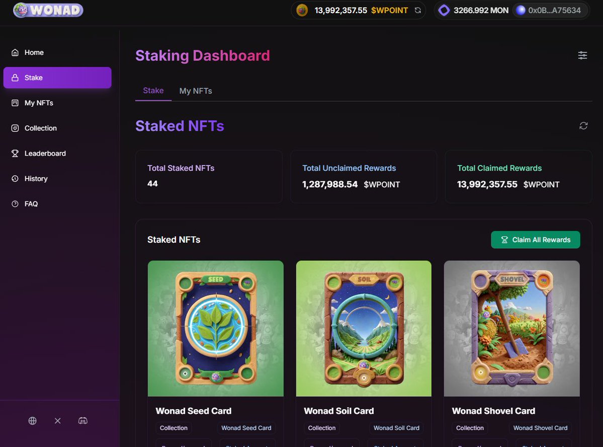 guto_hidalgo's tweet image. If you have a stake of @thiswonad cards, don't forget to claim the points immediately, there will be a snapshot today!!!
Remembering that the first 1500 in the ranking will be able to mint the seventh card - THE TREE OF LIFE.
One of @monad main project.