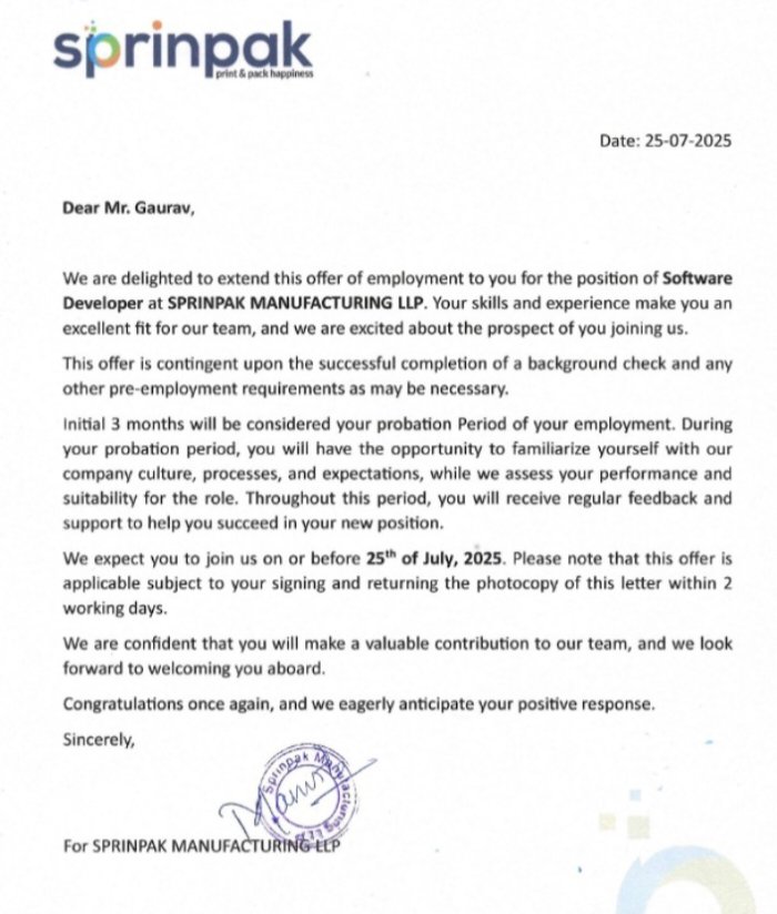 gaurav07c's tweet image. After a lot of hustle, rejections &amp;amp; self-doubt

I finally got the offer! 

This journey was tough — but worth every second.

MERN Stack &amp;amp; Next.js  
Freelancing (Open to more!)  
 Learning Web3 + Blockchain

Sharing the offer letter to inspire.  
If I can do it, YOU can too.