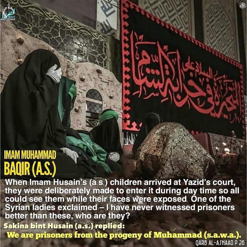 👉🏻Imam Muhammad Baqir (a.s.) narrates 

When Imam Husain’s (a.s.) children arrived at Yazid’s court, they were deliberately made to enter it during day time so all could see them while their faces were exposed

One of the Syrian ladies….

📗 • Qarb al-Asnaad p 26

#SeratOnline